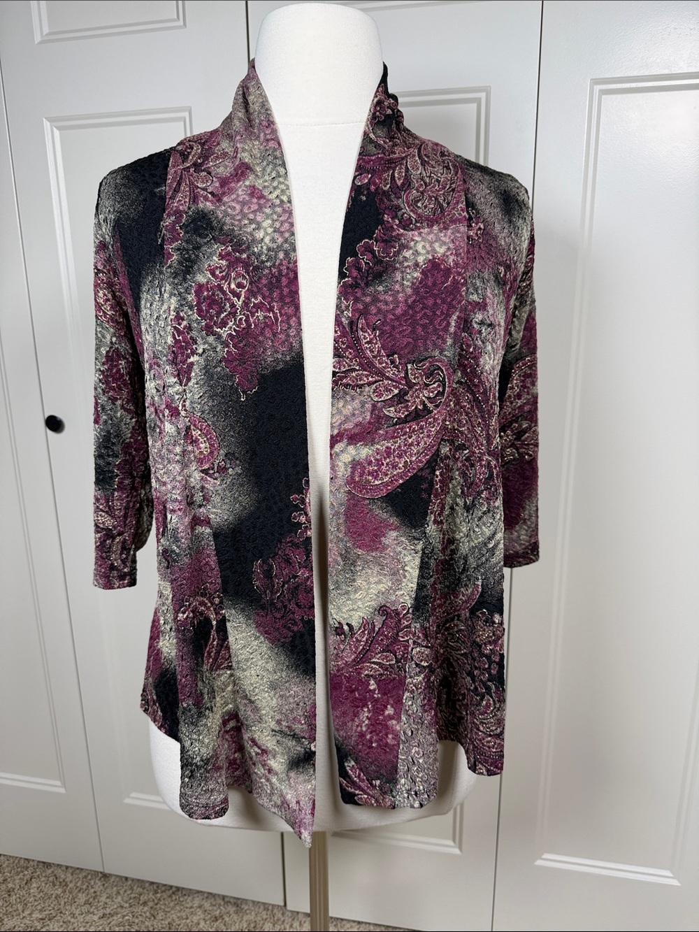 Peter Nygard Open-Front Paisley Cardigan — Plum, Black, Cream, Gold